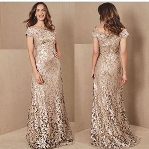 BHLDN Tadashi Shoji Odette Gold Sequin Lace Off Shoulder Gown 14 MOB